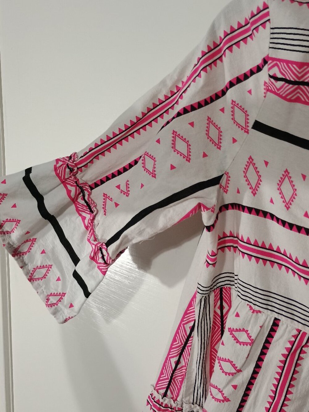 Esmara Pink Black White Geometric Tiered Boho Mini Dress 3/4 Bell Sleeve L - Picture 5 of 8